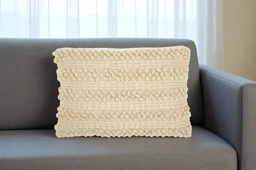 14" X 20" Cream Lumbar Throw Pillow with Pompoms And Texture