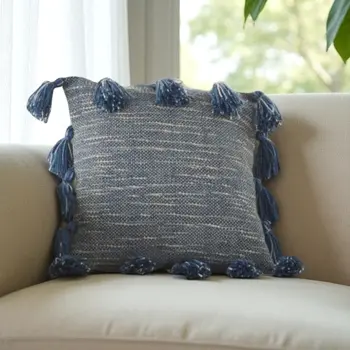 18" Royal Blue Polyester Blend Throw Pillow With Tassels