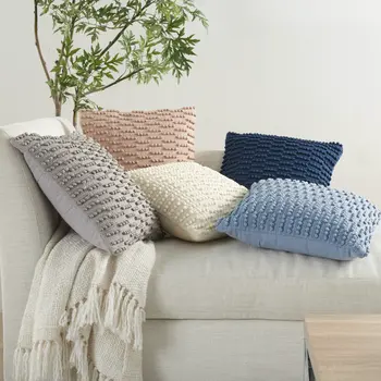 18" Blue Dot And Stripe Polyester and Cotton Blend Throw Pillow With Texture