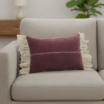 Wide Tasseled Marble Maroon Lumbar Pillow