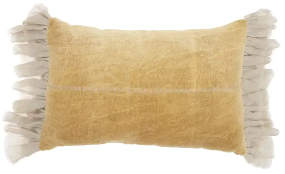 Wide Tasseled Marble Yellow Lumbar Pillow