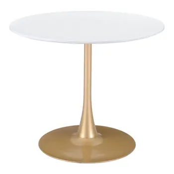 35" White And Gold Rounded Steel Pedestal Base Dining Table