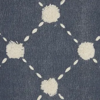 20" Ivory And Navy Blue Geometric Cotton Throw Pillow with Pompoms