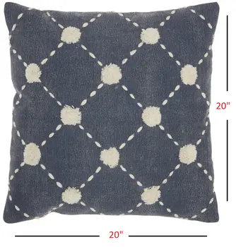20" Ivory And Navy Blue Geometric Cotton Throw Pillow with Pompoms