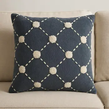 20" Ivory And Navy Blue Geometric Cotton Throw Pillow with Pompoms