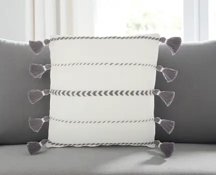 Bohemian White Cotton Accent Pillow With Grey Tassel Details
