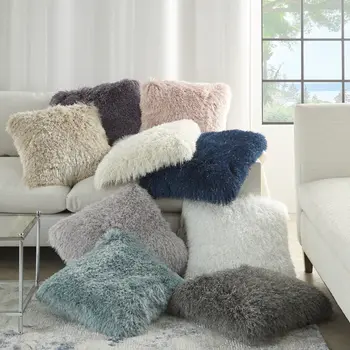 20" Light Gray Shag Accent Throw Pillow