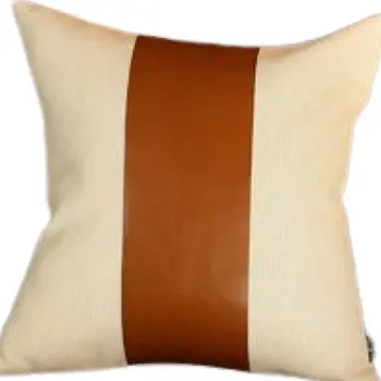 17" Ivory And Brown Fabric And Faux Leather Throw Pillow Cover