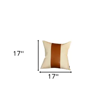 17" Ivory And Brown Fabric And Faux Leather Throw Pillow Cover