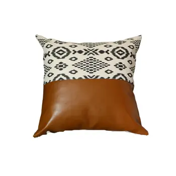 Set Of 2 Semi Brown Faux Leather And Eclectic Geometric Patterns Pillow Covers
