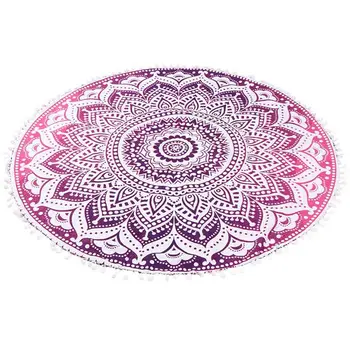 32" Pink and White Round Geometric Floor Pillow Cover With Pompoms