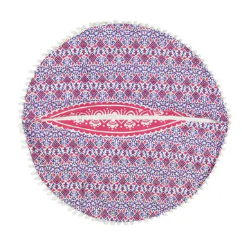 32" Pink and White Round Geometric Floor Pillow Cover With Pompoms