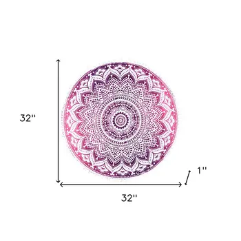 32" Pink and White Round Geometric Floor Pillow Cover With Pompoms