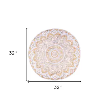 32" X 32" Gold And White Round Geometric Cotton Floor Throw Pillow Cover