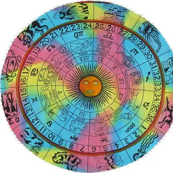 32" X 32" Blue And Pink Round Horoscope Fabric Floor Throw Pillow Cover with Pompoms