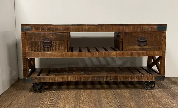 18" Brown and Black Solid Wood Distressed Wheel Console Table With Shelves And Drawers