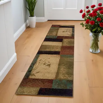 2' X 8' Beige And Brown Floral Block Pattern Runner Rug