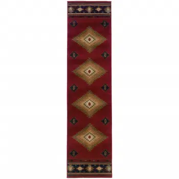 2' X 8' Red And Beige Ikat Pattern Runner Rug