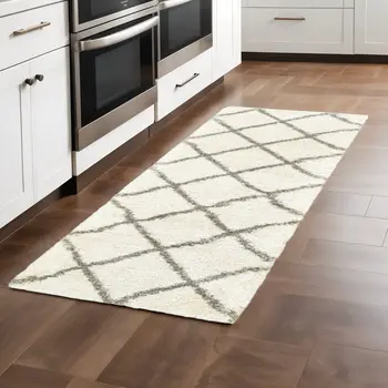 2' X 8' Ivory And Gray Geometric Lattice Runner Rug