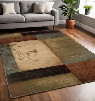 5' X 8' Beige And Brown Floral Block Pattern Area Rug