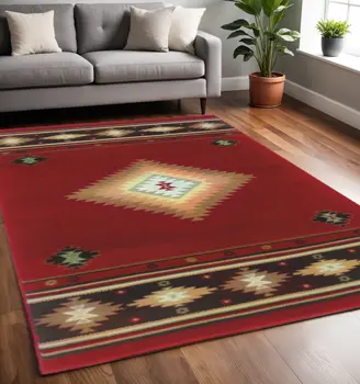 5' X 8' Red And Beige Ikat Pattern Area Rug