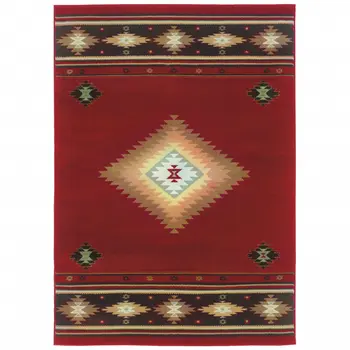 7' X 10' Red And Beige Ikat Pattern Area Rug