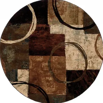 8’ Round Brown And Black Abstract Geometric Area Rug