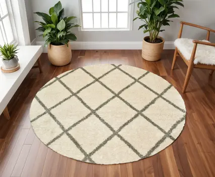 8’ Round Ivory And Gray Geometric Lattice Area Rug
