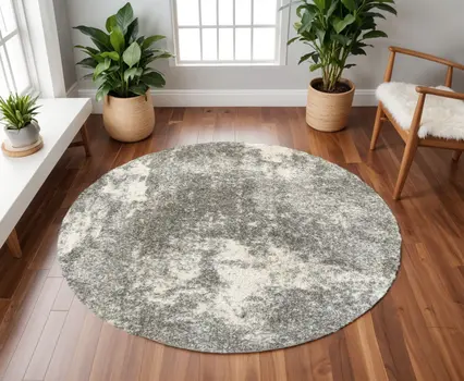 8' Round Gray And Ivory Distressed Abstract Area Rug