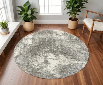 8’ Round Gray And Ivory Geometric Pattern Area Rug