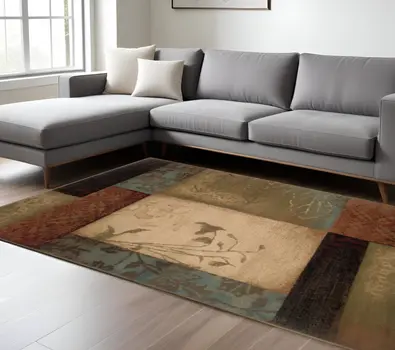8' X 11' Beige And Brown Floral Block Pattern Area Rug