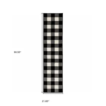 8' Ivory And Black Gingham Runner Rug