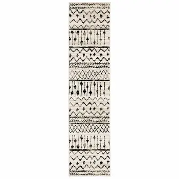 8' Ivory And Black Tribal Runner Rug