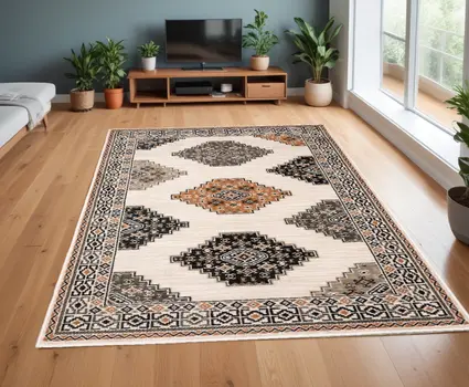 4' X 6' Ivory Black Orange And Gray Geometric Area Rug