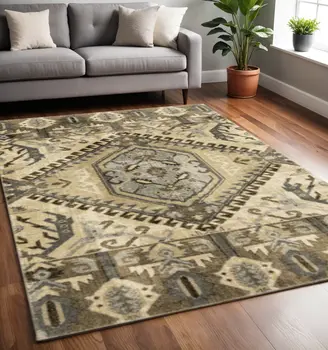 5' X 8' Tan And Gold Medallion Distressed Area Rug