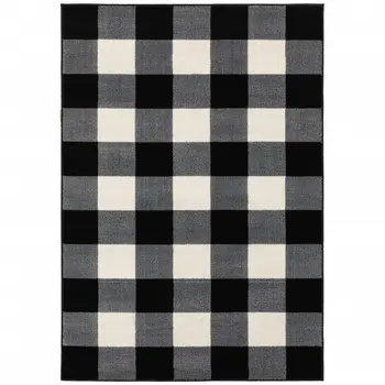 7' X 9' Black And Ivory Gingham Area Rug