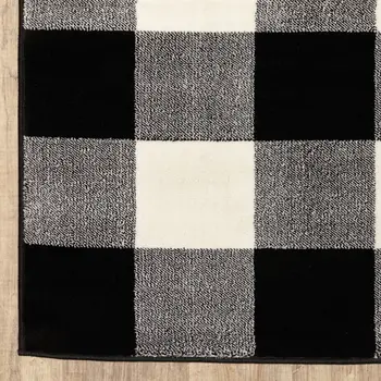 7' X 9' Black And Ivory Gingham Area Rug