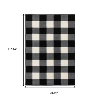 7' X 9' Black And Ivory Gingham Area Rug