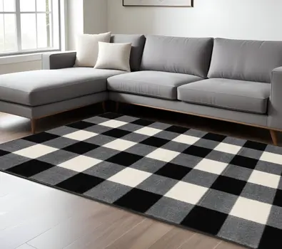 7' X 9' Black And Ivory Gingham Area Rug