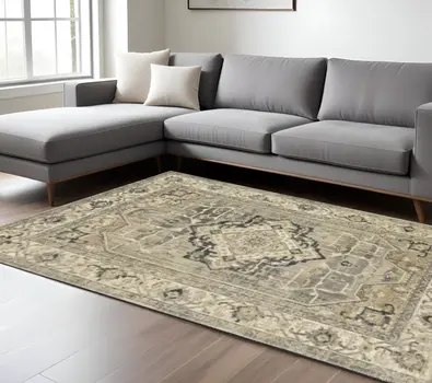 7' X 10' Beige And Gray Medallion Distressed Area Rug