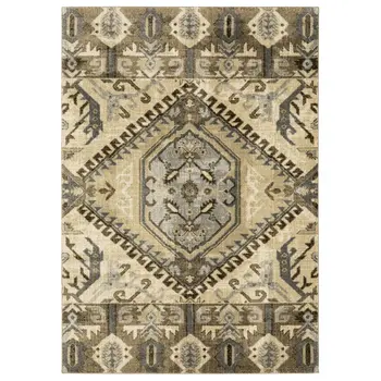 7' X 10' Tan And Gold Medallion Area Rug