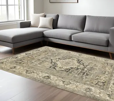 8' X 11' Beige And Gray Medallion Distressed Area Rug
