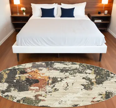 8' Beige and Black Round Power Loom Area Rug