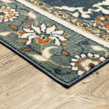 10' X 13' Blue And Beige Floral Medallion Area Rug