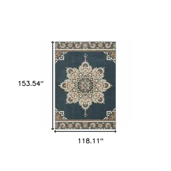 10' X 13' Blue And Beige Floral Medallion Area Rug