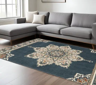 10' X 13' Blue And Beige Floral Medallion Area Rug