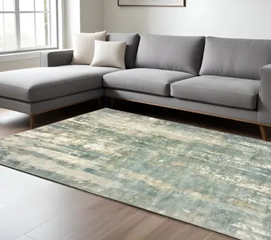 6' X 9' Blue And Gray Abstract Hand Loomed Distressed Area Rug