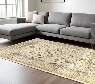 10' X 13' Ivory And Gold Medallion Distressed Area Rug