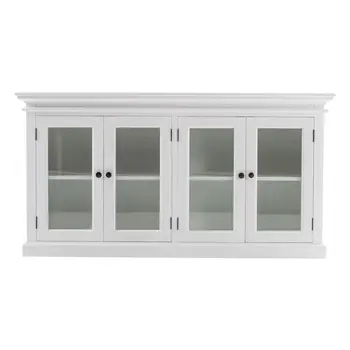 64" White Distressed Solid Wood Sideboard with Four Glass Doors