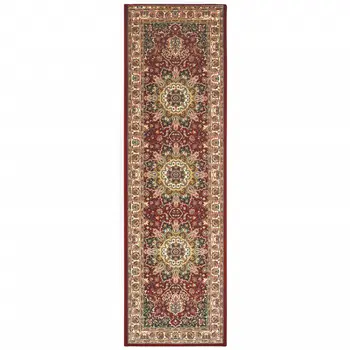 8' Red And Ivory Runner Rug